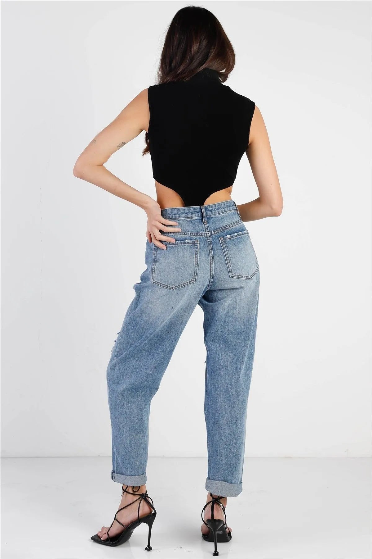 Black Cotton Zip-Up Mock Neck High Cut Bodysuit /3-2-1 - Tasha Apparel Wholesale