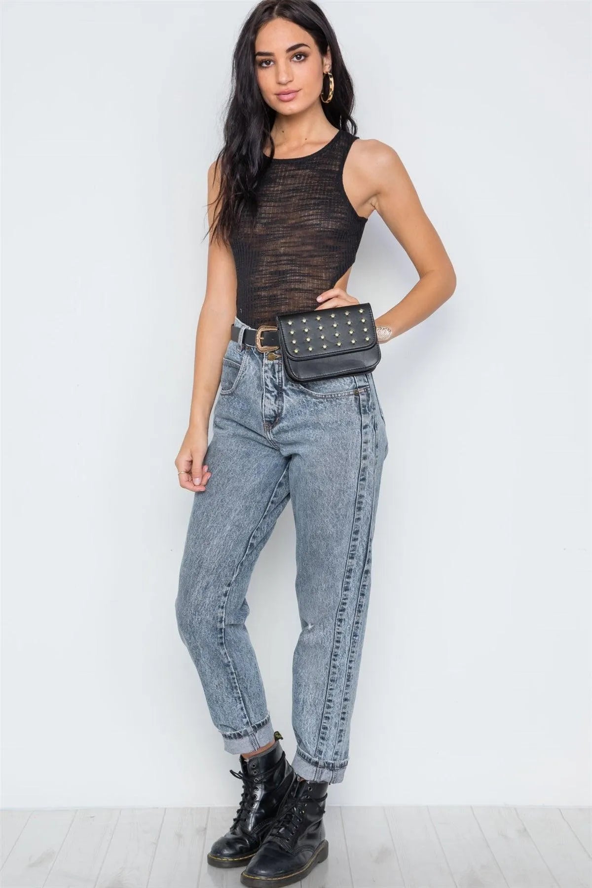 Black Knit Ribbed Open Back Sleeveless Bodysuit /2-2 - Tasha Apparel Wholesale