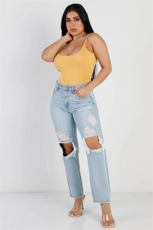 Yellow Ribbed Open Back Sleeveless Bodysuit /1-3-1 - Tasha Apparel Wholesale