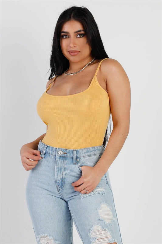 Yellow Ribbed Open Back Sleeveless Bodysuit /3-2-1 - Tasha Apparel Wholesale
