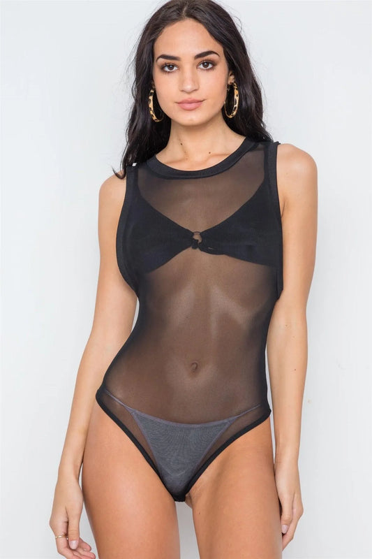 Black Mash Sleeveless Sheer Bodysuit /3-2-1 - Tasha Apparel Wholesale