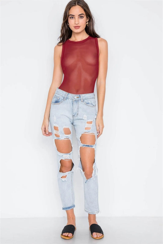Burgundy Mash Sleeveless Sheer Bodysuit - Tasha Apparel Wholesale