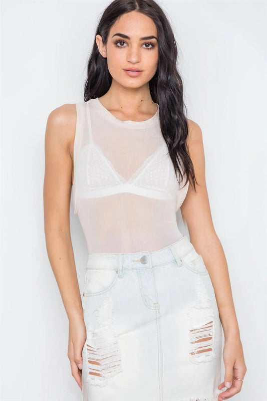 Taupe Mash Sleeveless Sheer Bodysuit /3-3-1 - Tasha Apparel Wholesale