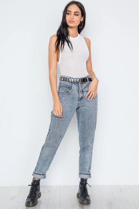 White Ribbed Mash Velvet Sleeveless Sheer Bodysuit /1-2-1 - Tasha Apparel Wholesale