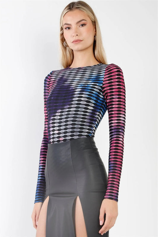 Blue Multicolor Tie-Dye Textured Black Striped Long Sleeve Bodysuit /4-3-2-1 - Tasha Apparel Wholesale