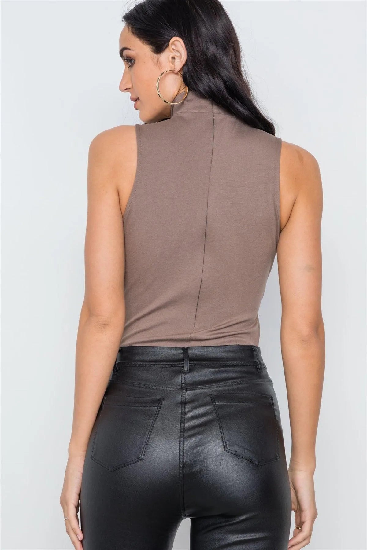 Mocha Cut Outs Mock-Neck Sleeveless Bodysuit - Tasha Apparel Wholesale