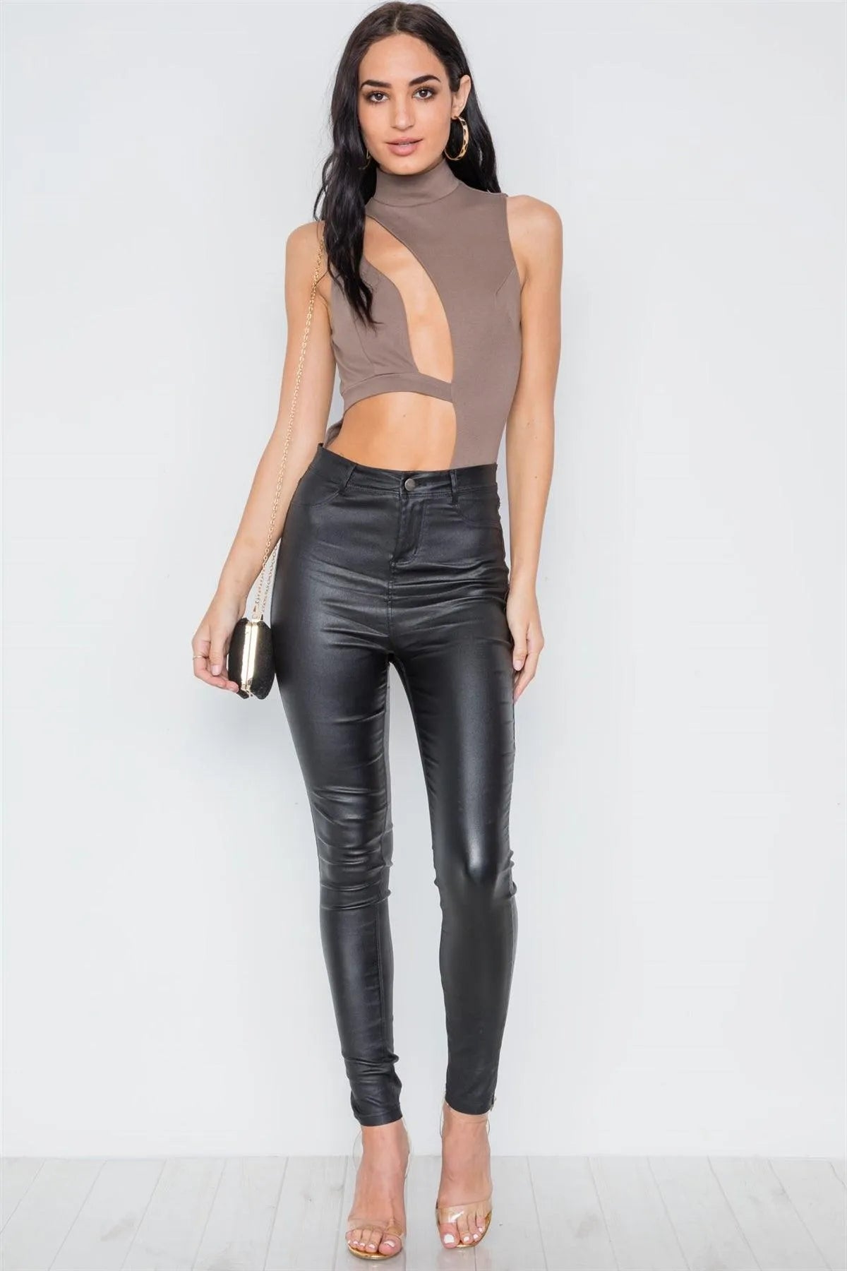 Mocha Cut Outs Mock-Neck Sleeveless Bodysuit - Tasha Apparel Wholesale