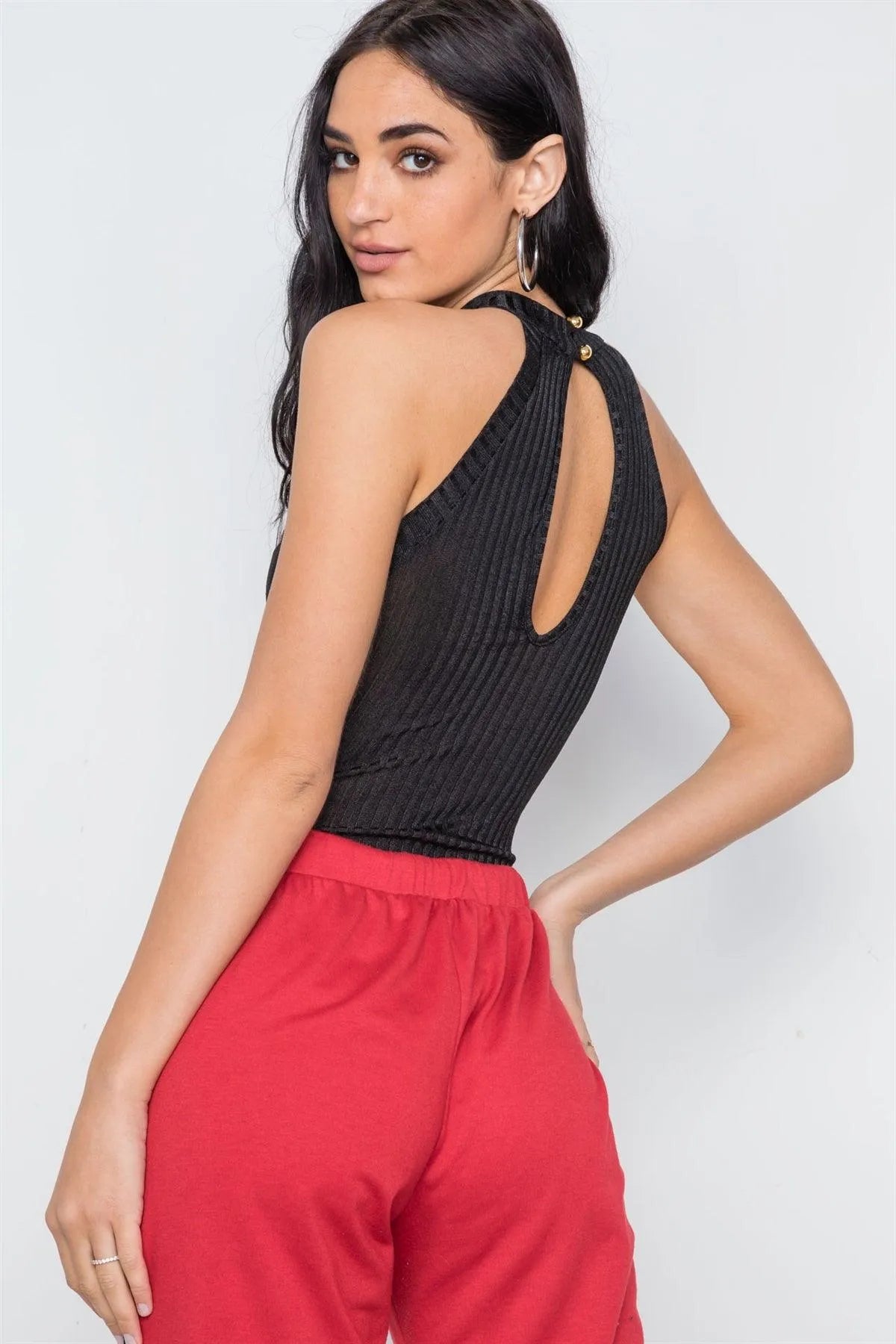 Black Ribbed Sleeveless Knit Bodysuit /3-2-1 - Tasha Apparel Wholesale