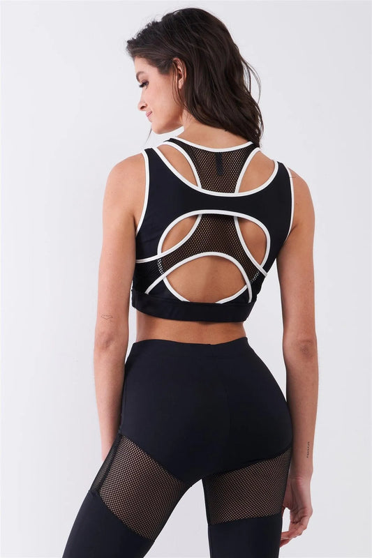 Black Combined Sheer Net Mesh Sleeveless Overlapping Racer Back Sports Bra Crop Top - Tasha Apparel Wholesale