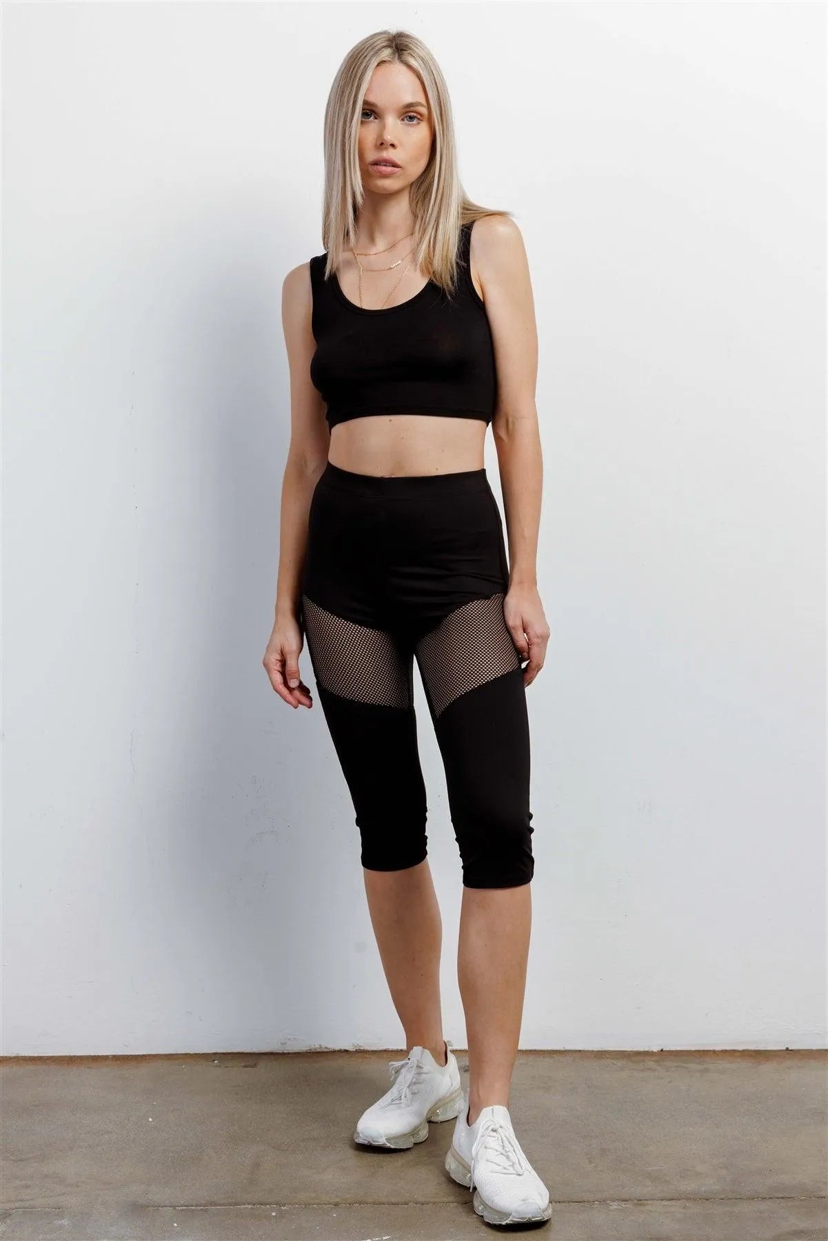Black High Waist Sheer Mesh Cut-Ins Sports Midi Legging Pants - Tasha Apparel Wholesale