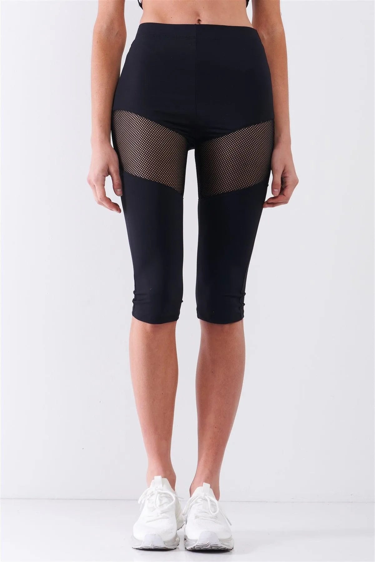Black High Waist Sheer Mesh Cut-Ins Sports Midi Legging Pants - Tasha Apparel Wholesale