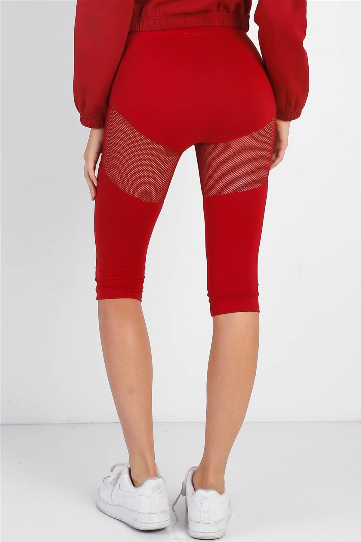 Red High Waist Sheer Mesh Cut-Ins Sports Midi Legging Pants /1-2-2-1