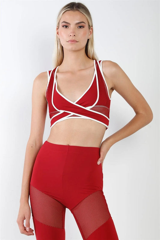 Red Combined Sheer Net Mesh Sleeveless Overlapping Racer Back Sports Bra Crop Top /1-2-2-2 - Tasha Apparel Wholesale