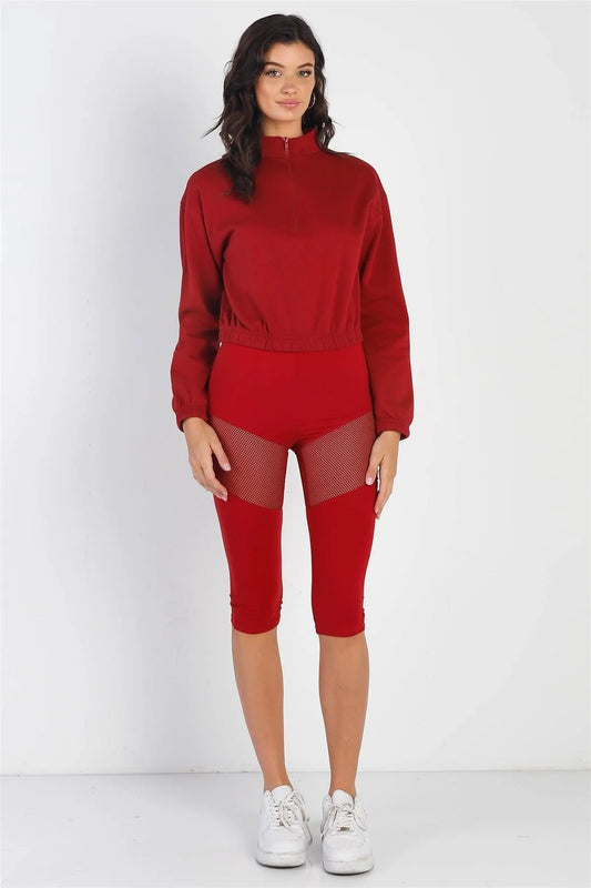 Red High Waist Sheer Mesh Cut-Ins Sports Midi Legging Pants - Tasha Apparel Wholesale