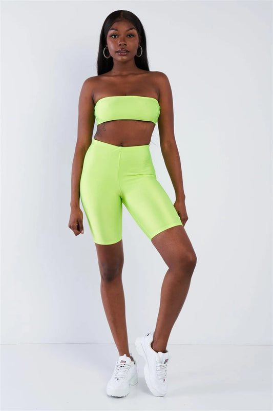 Lime Green Bandeau Elastic Crop & Solid Biker Shorts Set /2-2-2 - Tasha Apparel Wholesale