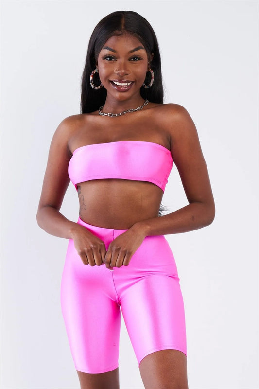 Neon Pink Bandeau Elastic Crop & Solid Biker Shorts Set /2-2-2 - Tasha Apparel Wholesale