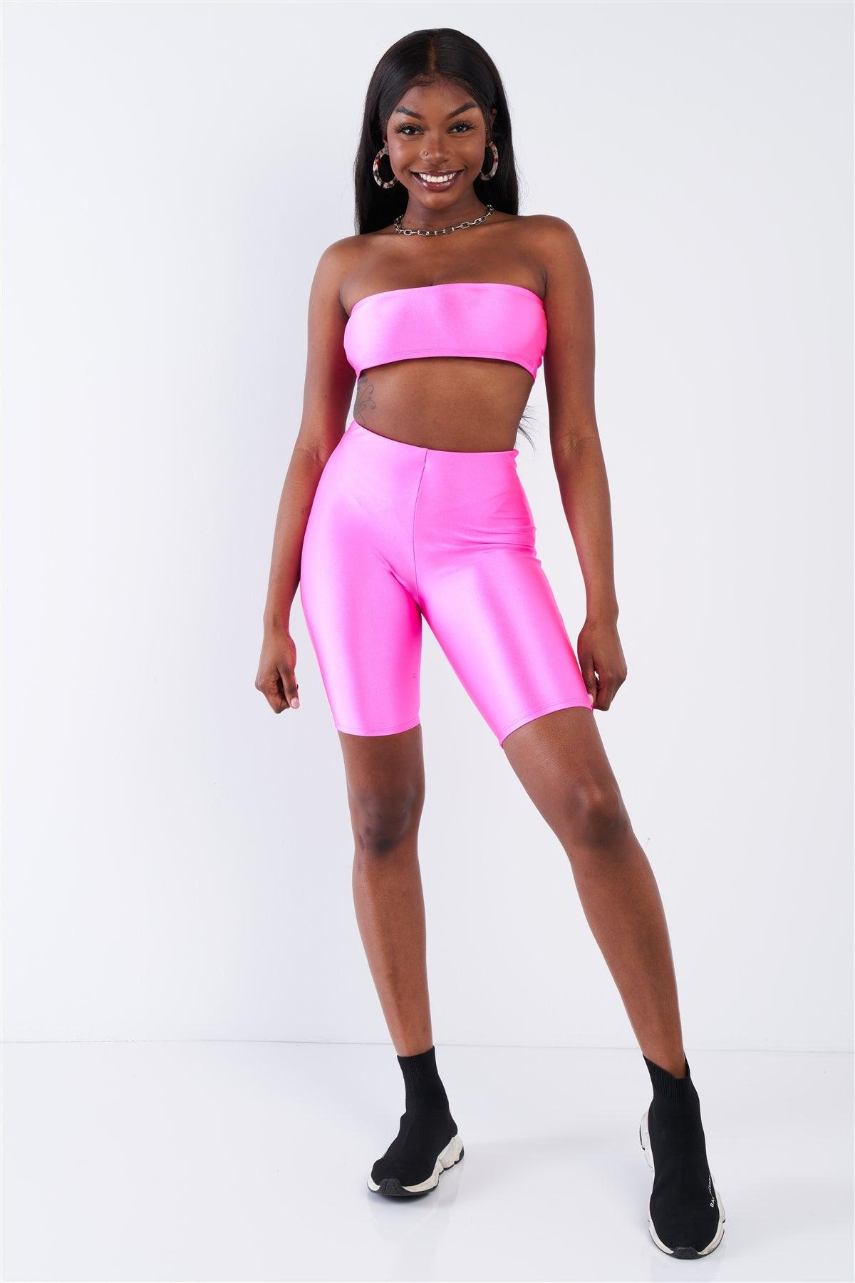 Neon Pink Bandeau Elastic Crop & Solid Biker Shorts Set   /2-2-2