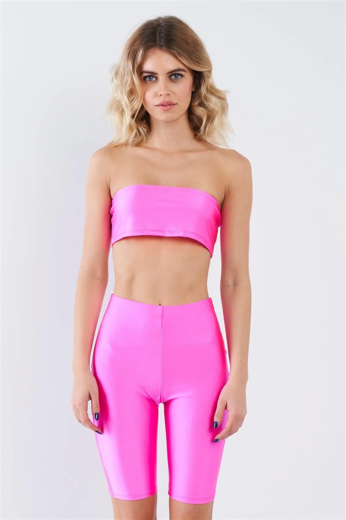 Neon Pink Bandeau Elastic Crop & Solid Biker Shorts Set /2-2-2 - Tasha Apparel Wholesale