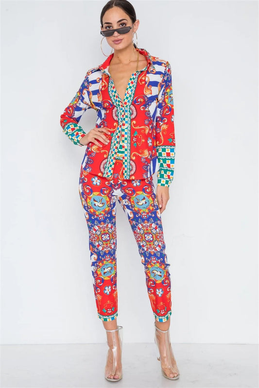 Red Multi Pattern Print Button Down Blouse Pants Set /2-2-2 - Tasha Apparel Wholesale