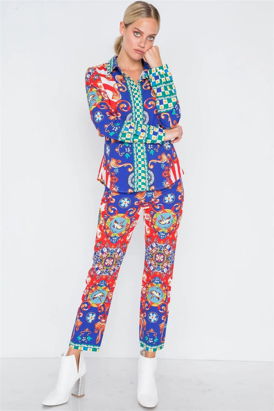 Royal Multi Pattern Print Button Down Blouse Pants Set /2-2-2 - Tasha Apparel Wholesale