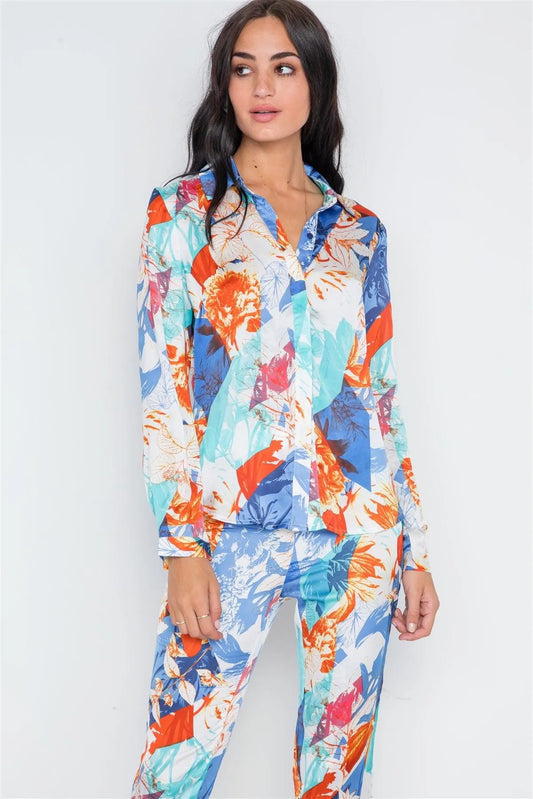 Royal Orange Botanical Print Blouse Pants Set /2-2-2 - Tasha Apparel Wholesale