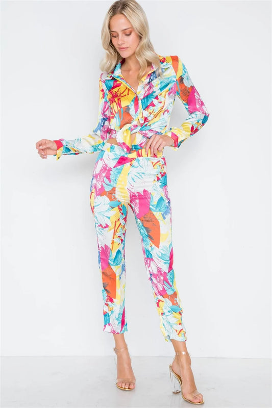 Turquoise Yellow Botanical Print Blouse Pants Set /2-2-2 - Tasha Apparel Wholesale