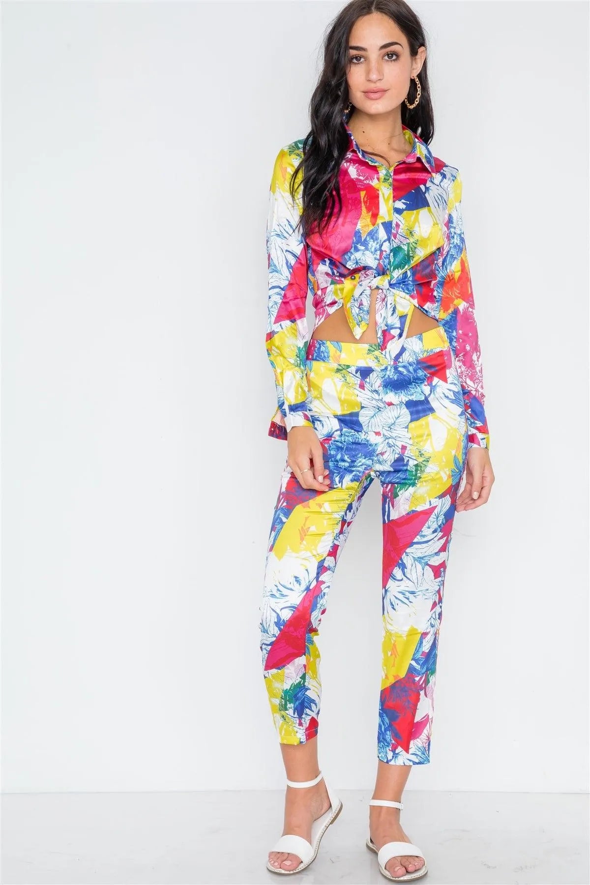 Yellow Fuchsia Botanical Print Two Piece Summer Set /2-2-2 - Tasha Apparel Wholesale