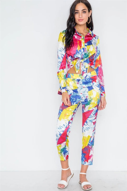 Yellow Fuchsia Botanical Print Two Piece Summer Set /2-2-2 - Tasha Apparel Wholesale