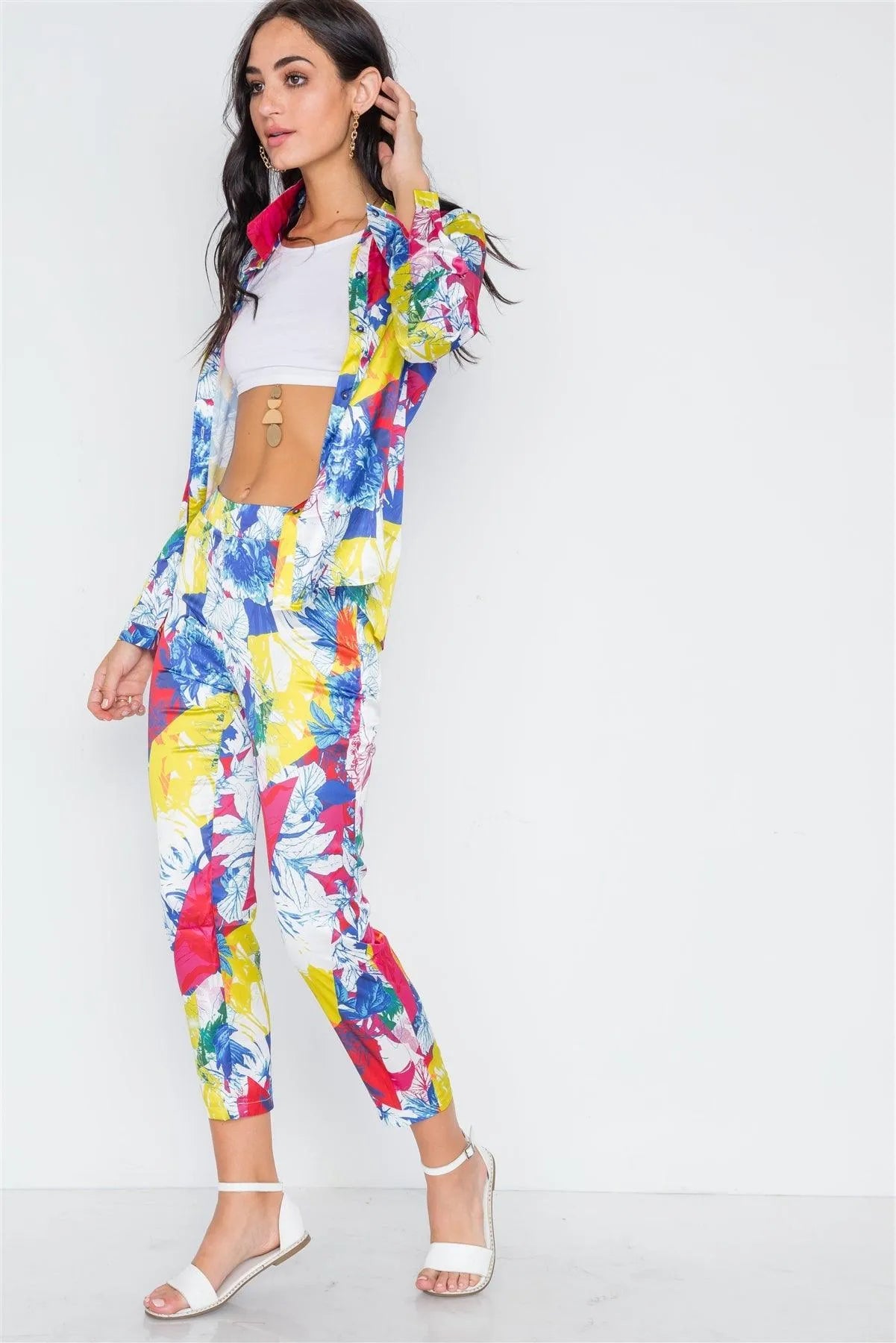 Yellow Fuchsia Botanical Print Two Piece Summer Set /2-2-2 - Tasha Apparel Wholesale