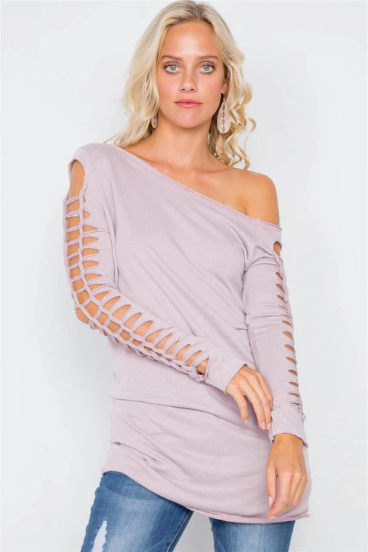 Mauve Cold-Shoulder Cut Out Braided Long Sleeve Tunic /2-2-2 - Tasha Apparel Wholesale