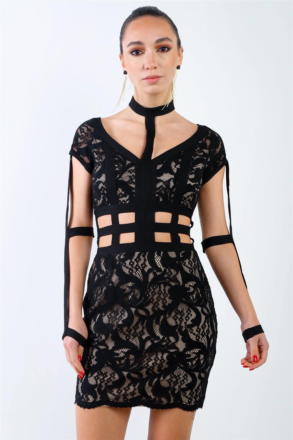 Black Lace With Nude Lining Elastic Harness Mini Dress /3-2-1