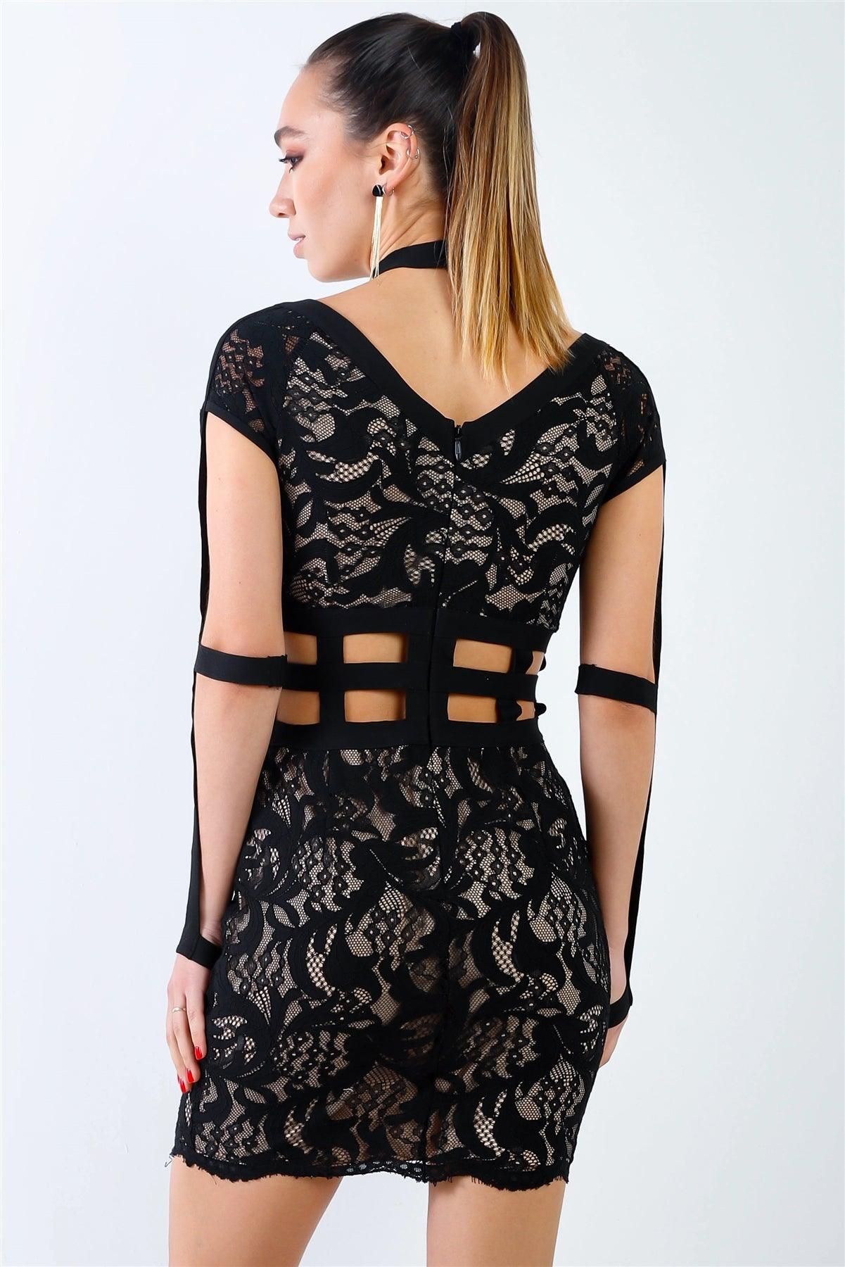 Black Lace With Nude Lining Elastic Harness Mini Dress /3-2-1