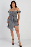 Grey Plaid Belted Asymmetric Hem Bustier Mini Dress /3-2-1 - Tasha Apparel Wholesale