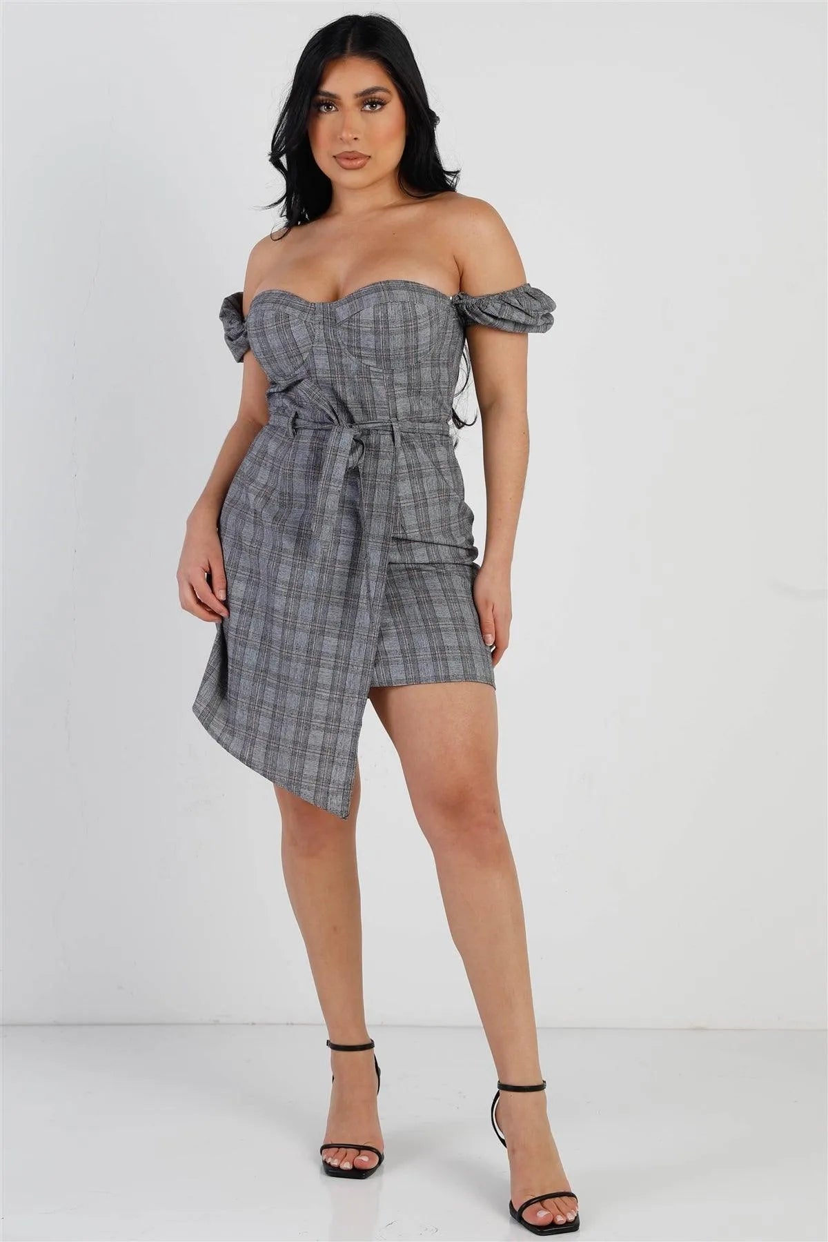 Grey Plaid Belted Asymmetric Hem Bustier Mini Dress /3-2-1 - Tasha Apparel Wholesale