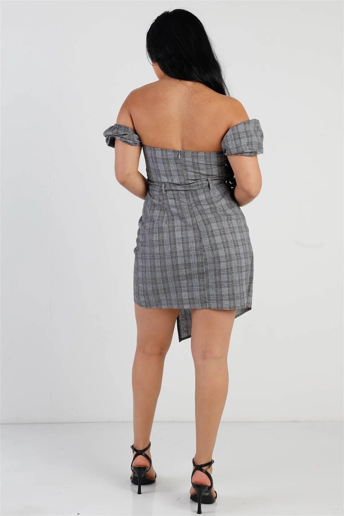 Grey Plaid Belted Asymmetric Hem Bustier Mini Dress /3-2-1 - Tasha Apparel Wholesale