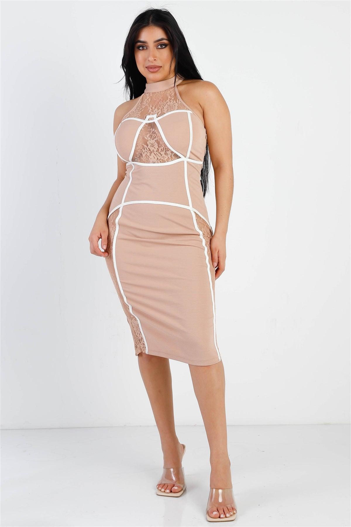 Nude Textured Lace Inserts White Stitch Details Back Lace Up Bodycon Midi Dress /3-2-1