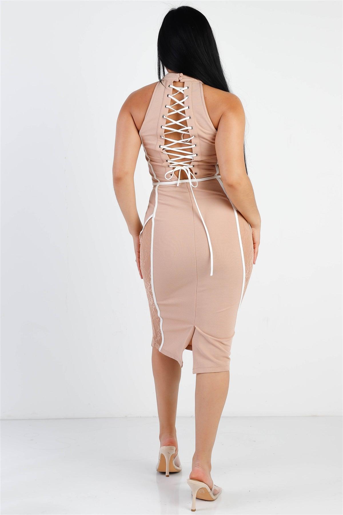Nude Textured Lace Inserts White Stitch Details Back Lace Up Bodycon Midi Dress /3-2-1