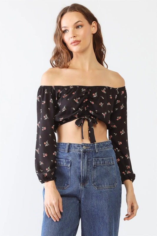 Floral Print Off-The-Shoulder Ruched Crop Top - Tasha Apparel Wholesale