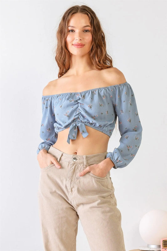 Blue Floral Print Off-The-Shoulder Long Sleeve Ruched Crop Top /1-1-1 - Tasha Apparel Wholesale