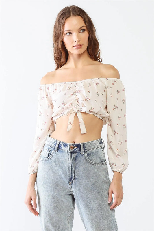 Off-White Floral Print Off-The-Shoulder Long Sleeve Ruched Crop Top /1-1-1 - Tasha Apparel Wholesale