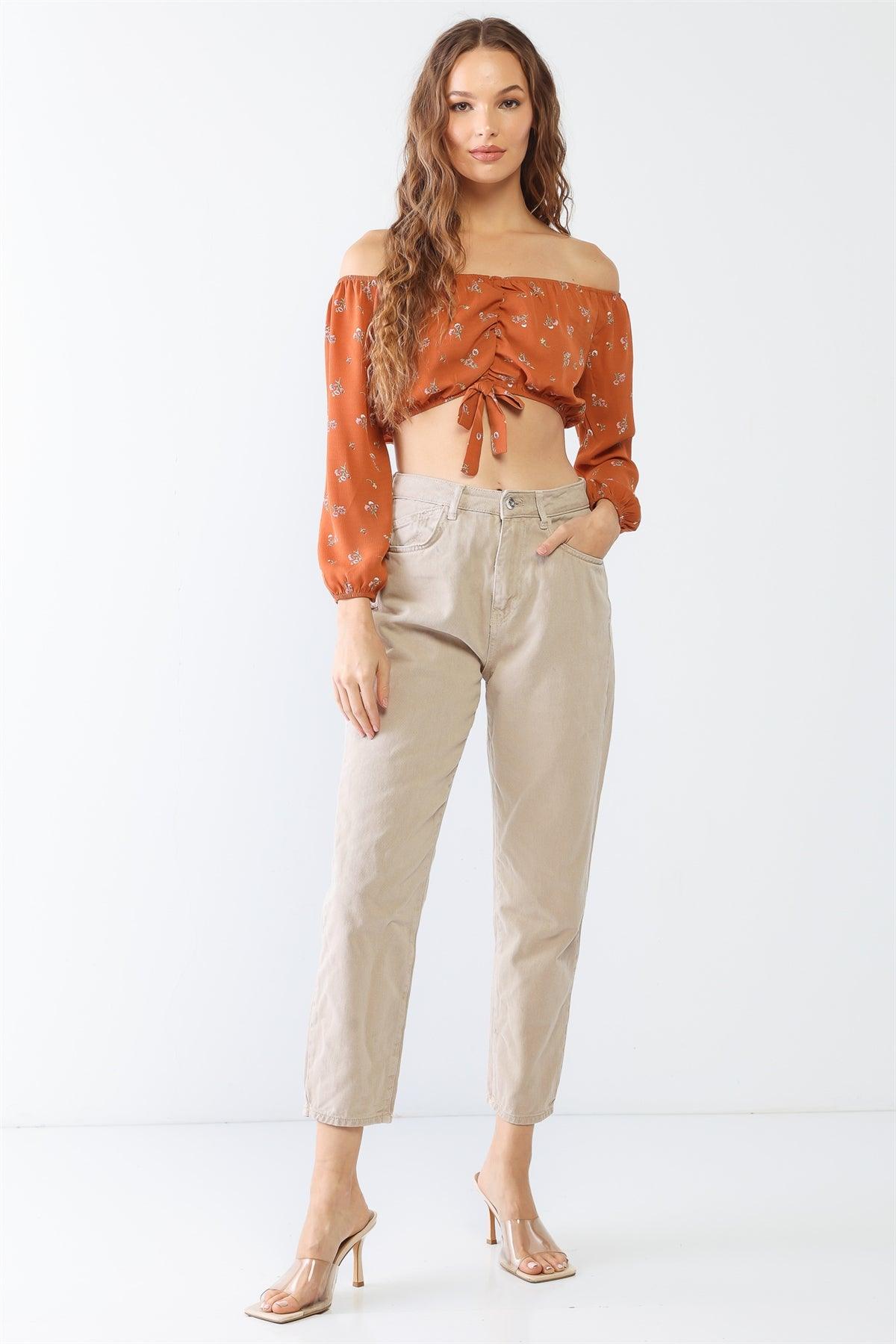 Rust Floral Print Off-The-Shoulder Long Sleeve Ruched Crop Top /1-1-1
