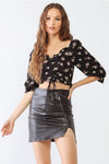 Black Floral Print Textured Ruffle Midi Sleeve Smocked Back Ruched Crop Top /1-1-1