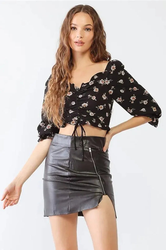 Floral Print Ruched Front Adjustable Tie Crop Top - Tasha Apparel Wholesale