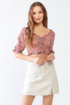 Mauve Floral Print Textured Ruffle Midi Sleeve Smocked Back Ruched Crop Top /1-1-1