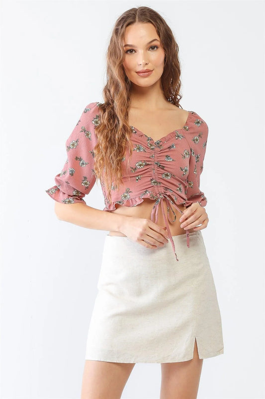 Mauve Floral Ruffle Smocked Back Ruched Crop Top - Tasha Apparel Wholesale