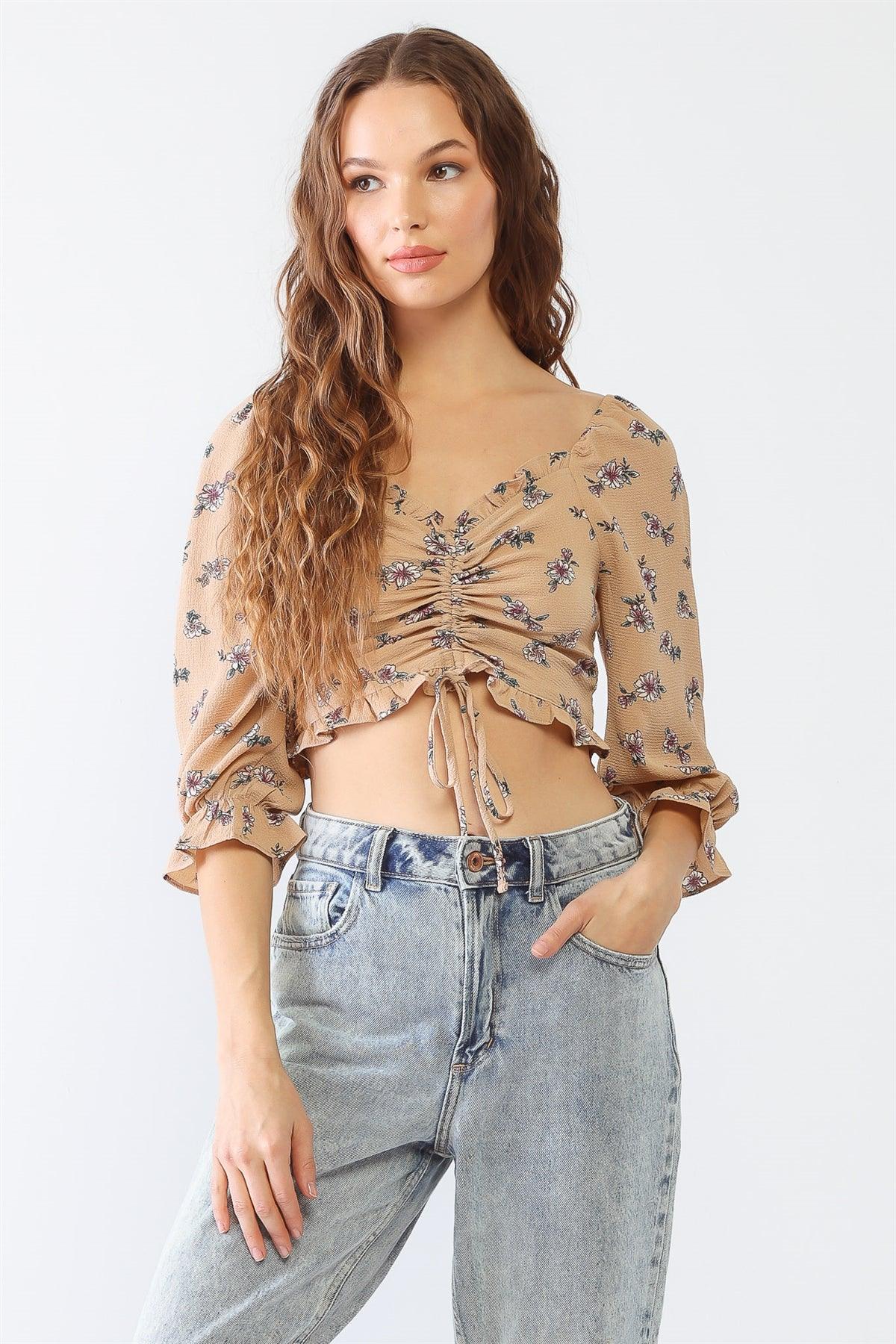 Taupe Floral Print Textured Ruffle Midi Sleeve Smocked Back Ruched Crop Top /1-1-1