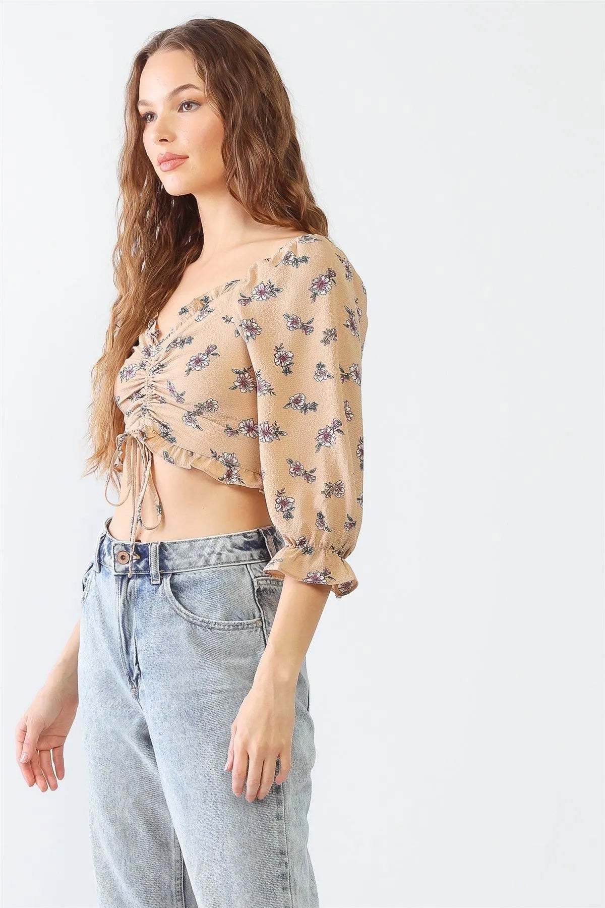Taupe Floral Ruffle Midi Sleeve Ruched Crop Top - Tasha Apparel Wholesale