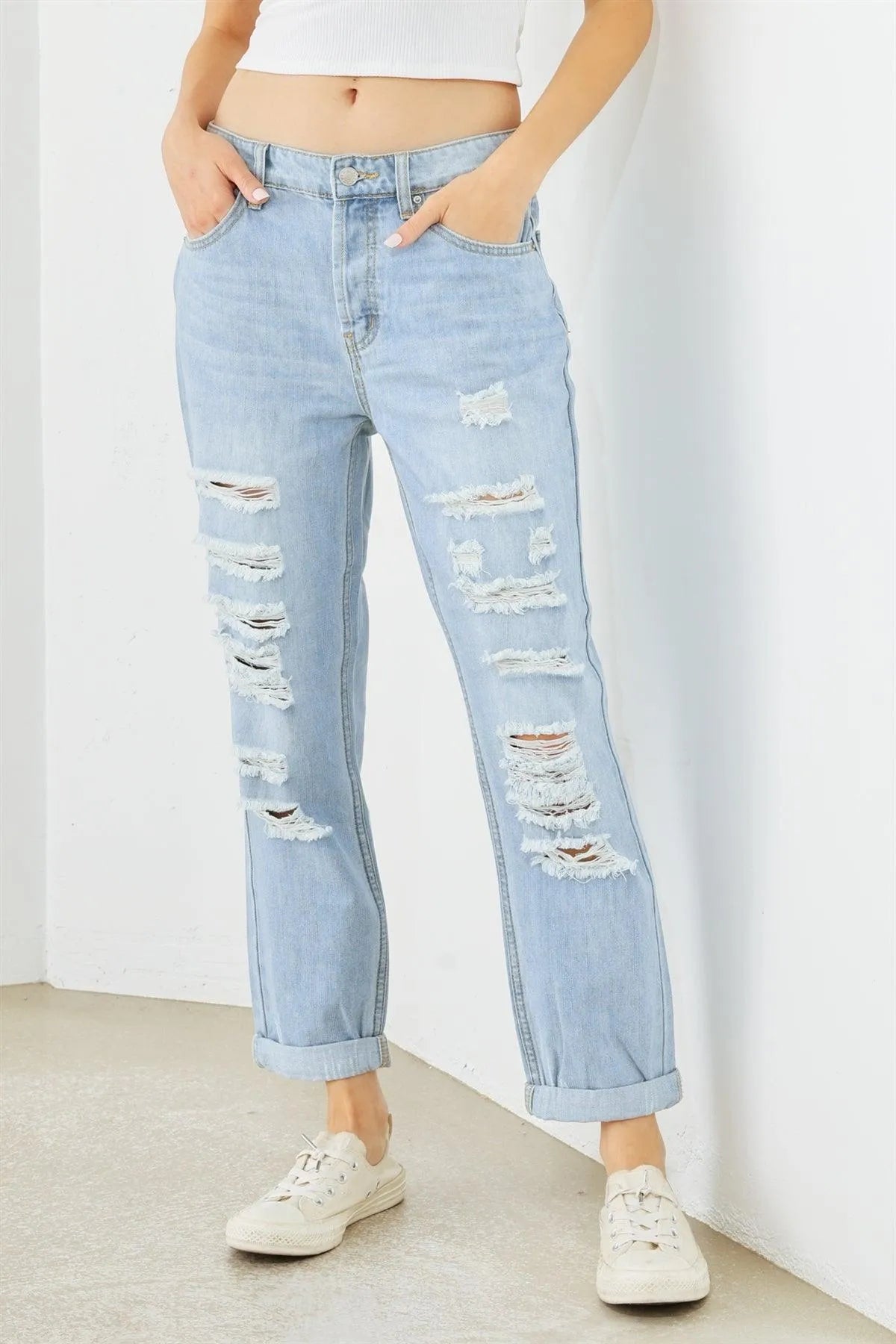 Blue Denim Cotton Ripped High Waist Jeans - Tasha Apparel Wholesale