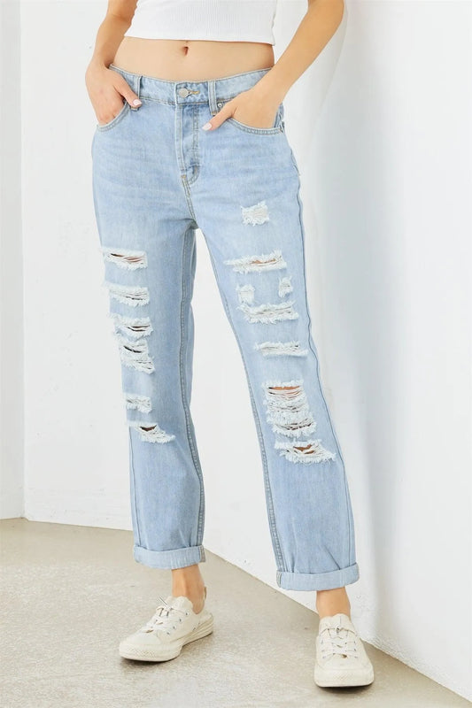 Blue Denim Cotton Ripped High Waist Jeans - Tasha Apparel Wholesale