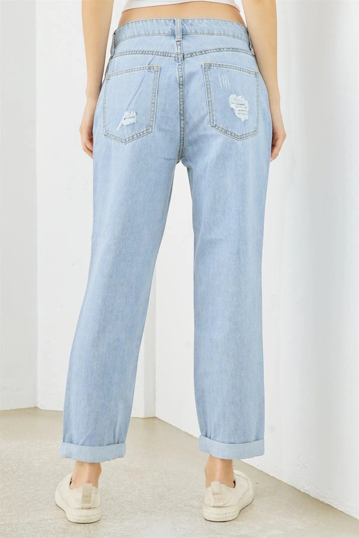 Blue Denim Cotton Ripped High Waist Jeans - Tasha Apparel Wholesale